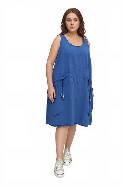 Modasultan Zero Sleeve Pocket Midi Length Muslin Linen Dress