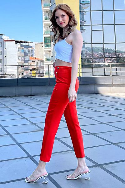 GÜLSELİ Pomegranate Flower Women's Grass Button Detailed Trousers