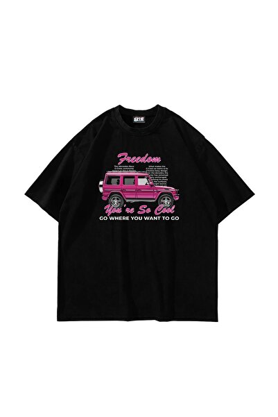 Bak Moda Tricou negru oversize unisex cu imprimeu Freedom G Wagon