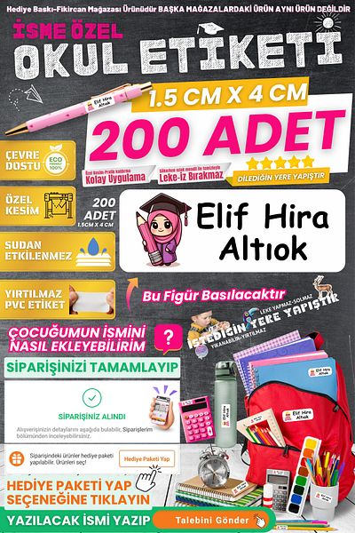 FİKİRCAN Fikircan-Name Custom School Label-Little Girl 200 Pieces - Odorless Ecological Ink Pvc Label