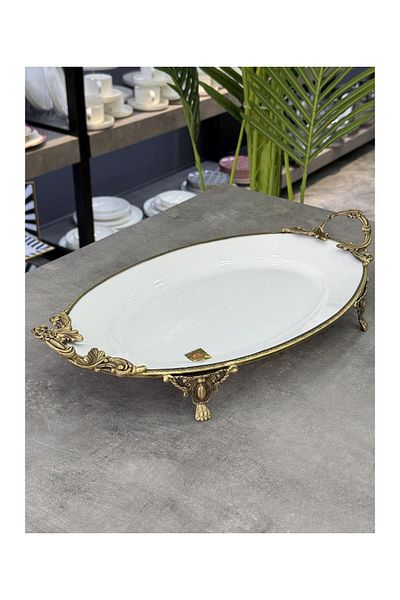Doğudeko Luxury Porcelain Oval Serving with Brass Edge