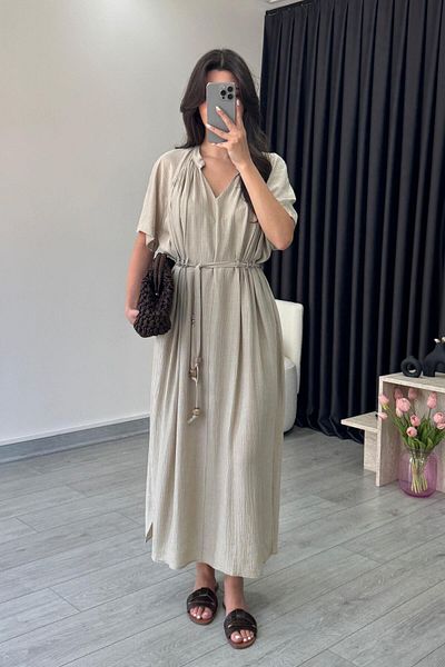ECEMİ Mira Stone V-Neck Textured Midi Dress