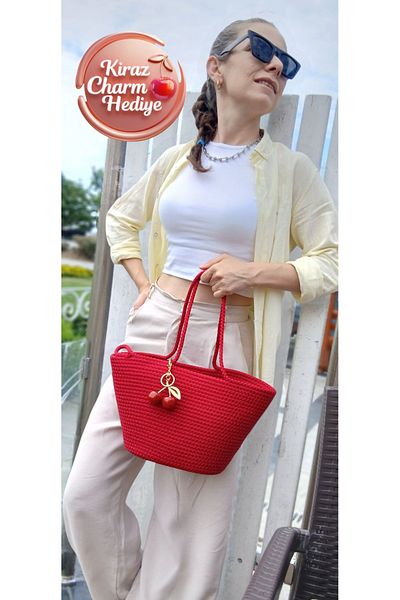 ÇANTA Red Beach and Straw Suitable for Daily Use! ♥   Cherry Charm Gift ! ♥