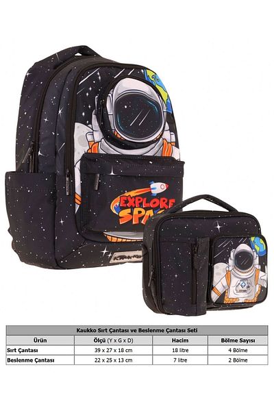 KAUKKO Set de rucsac și cutie de prânz cu izolare termică pentru băieți, în formă de astronaut 3D, negru