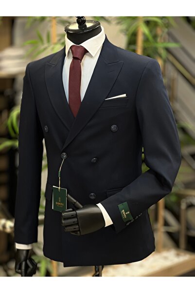 SAVARA Men's Slimfit Navy Blue Double Breasted Suit