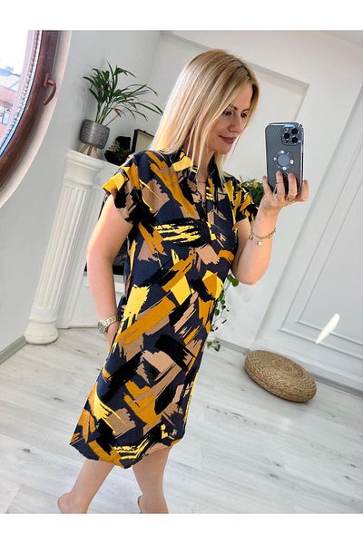 LOS FECHKA Rochie galbenă de in pentru femei, cu guler polo, cu model de perie, cu mâneci cu șnur