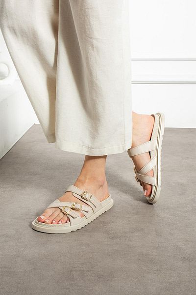 ShoeTek Beijing Women's Slippers Cross Strap Buckle Beige Leather
