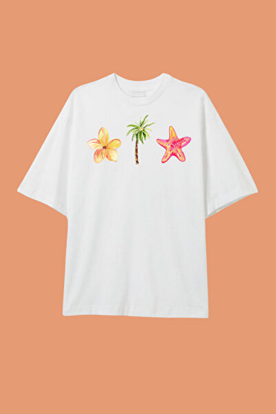 Dupe Design Tricou alb oversize cu imprimeu palmier