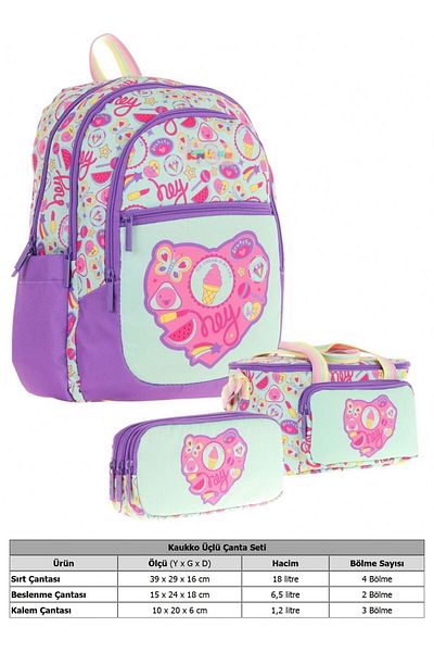 KAUKKO Set ghiozdan pentru școală primară pentru fete triple (L5230+L7230+L8230) violet verde - pepene verde și înghețată