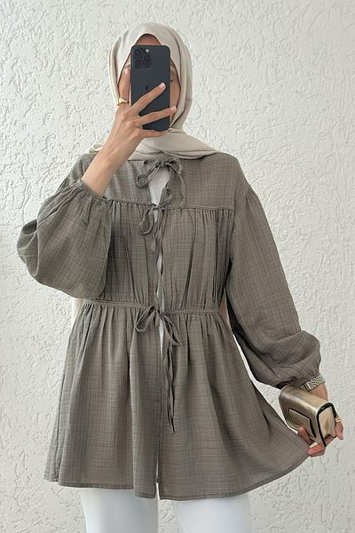 Salih Çelebi Front Gathered Long Tunic 2338 - Mold Green