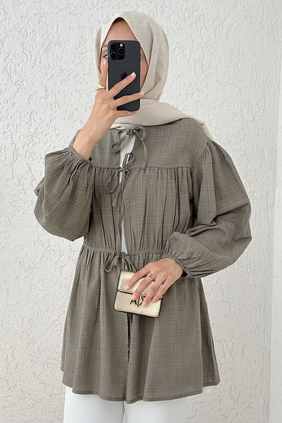 Salih Çelebi Front Gathered Long Tunic 2338 - Mold Green