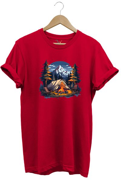 WİDİ Summer Camping Nature Tent and Mountain Printed 100% Cotton Regular Fit Crew Neck T-Shirt