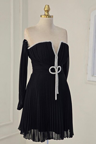 Yonca Moda Evi Siyah Taşlı Piliseli Mini Abiye 58387