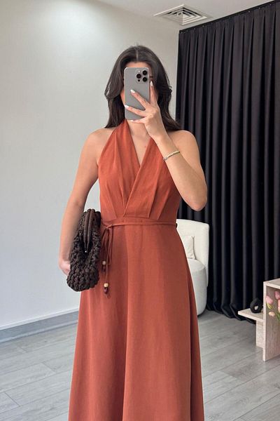 ECEMİ Zoe Tile Linen Double Breasted Collar Dress