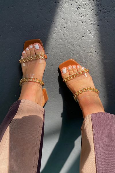 BZC AYAKKABI Women's Transparent Chain Detailed Short Heel Slippers