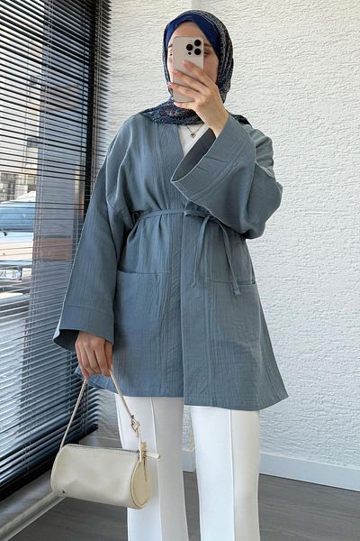 MELEK ARAZ Belted Muslin Kimono with Pocket Detail - Blue