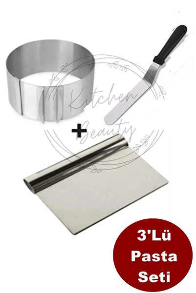Kitchen Beauty 3 'Lü Set Pasta Sıvama Spatulası Çelik Spatula Hamur Kazıyıcı Ve Ayarlanabilir Kek Pasta Kalıbı
