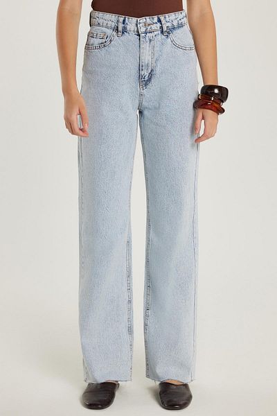 Tudors Women's Regular Fit Wide Leg Light Blue Denim Trousers with Pockets
