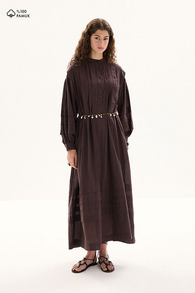 Hooopstore Μακρύ καφέ φόρεμα Nervür Voile
