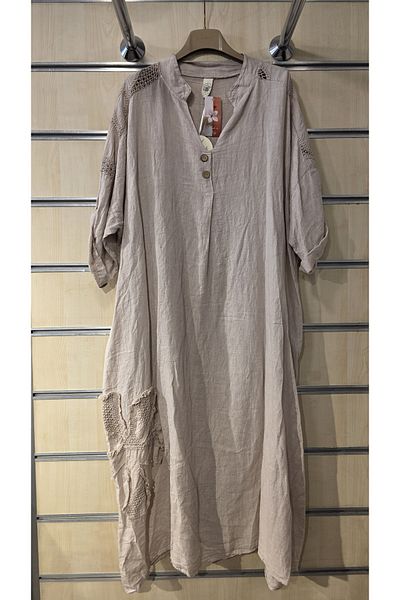 Park Moda Ιταλικό λινό φόρεμα απλικέ λουλουδάτο με δαντέλα ώμου