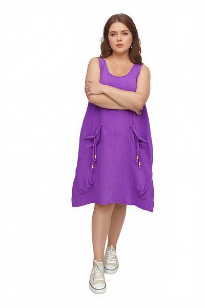 Modasultan Zero Sleeve Pocket Midi Length Muslin Linen Dress