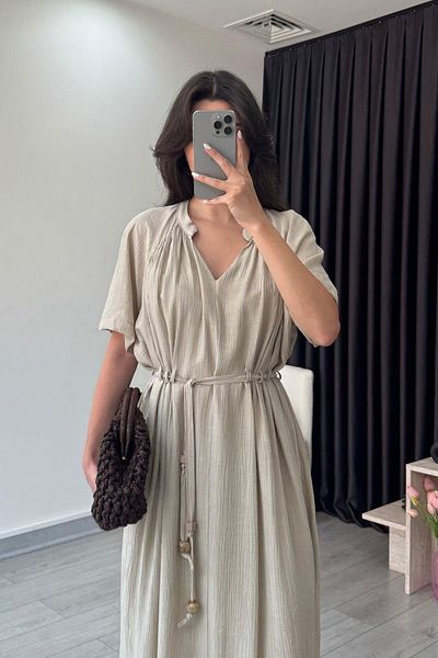 ECEMİ Mira Stone V-Neck Textured Midi Dress