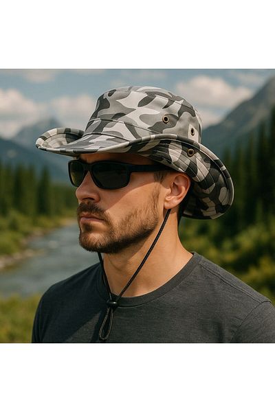 SFCOLLECTION Men's Bermuda Safari Hat Summer Wide Brim Foldable Tie-Up Hunter Fisherman Fedora Hat