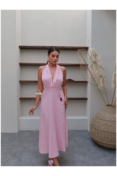 ESRAHELVACI Halter Neck Rope Tie Linen Dress