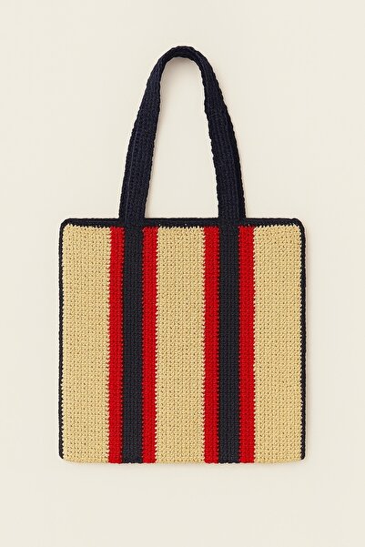 YASERS حقيبة شاطئ من القش مخططة باللون البني للنساء