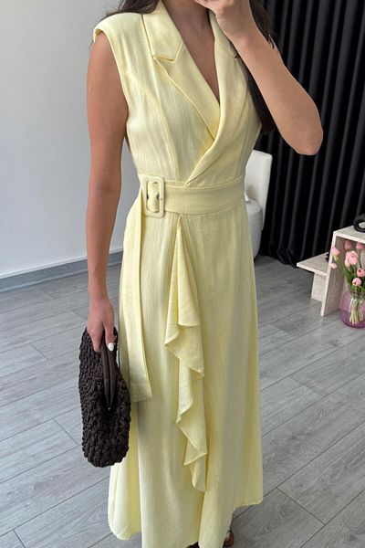 ECEMİ Sara Yellow Double Breasted Cut Linen Dress