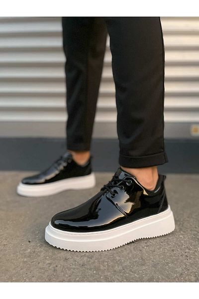 Zerenyus Jyx03 Luxor Lace-Up Thick Sole Men's Sports Classic Shoes - Black and White Patent Leather