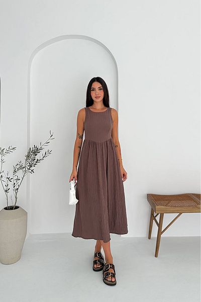 Neşeli Butik γυναικείο καφέ χοντρό λουράκι casual καλοκαιρινό φόρεμα NBK059