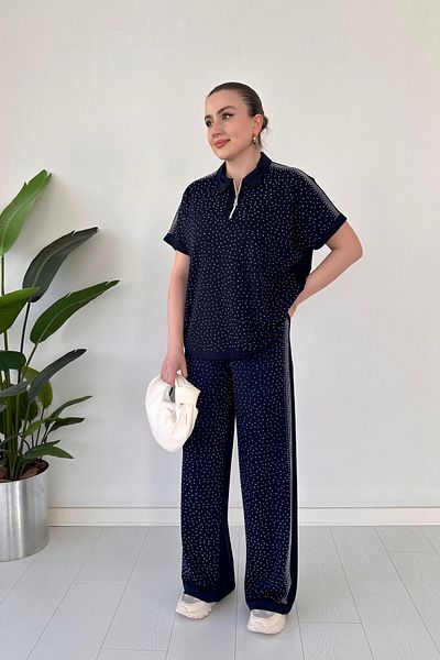MaziButik Intense Glitter Modal Suit Navy Blue