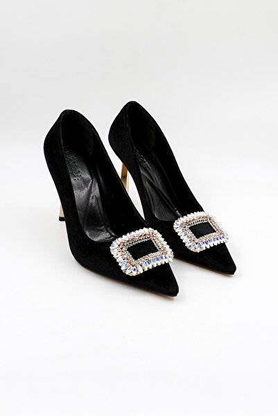 Park Moda Velvet Stone Detailed Women's Heeled Classic Shoes Pm492 Black