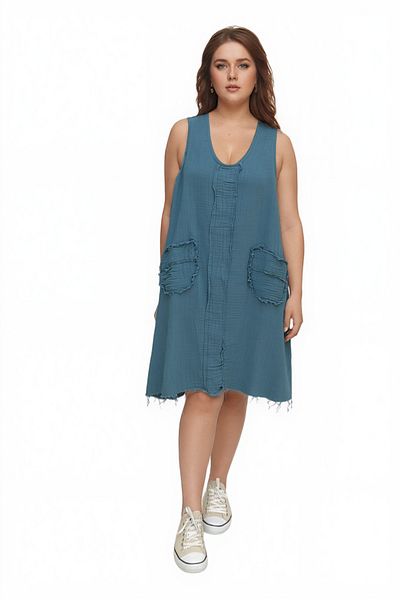 Modasultan U Neck Pocket Sleeveless Reverse Planting Midi Length Muslin Linen Dress