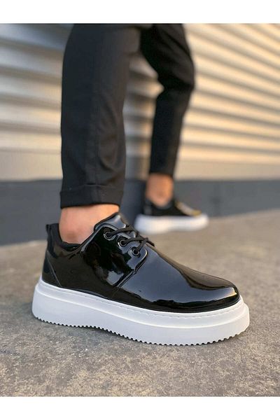 Zerenyus Jyx03 Luxor Lace-Up Thick Sole Men's Sports Classic Shoes - Black and White Patent Leather