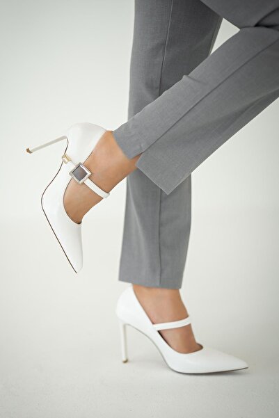 Parponi Trok Stone Detailed Women's Leather Stiletto White