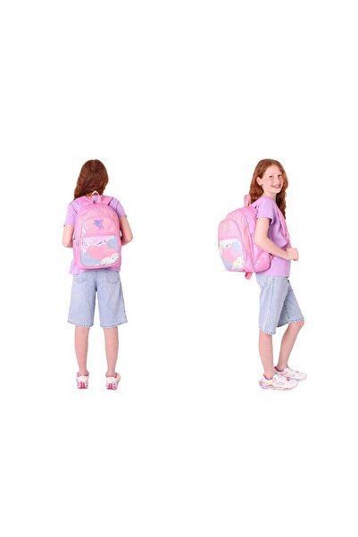 KAUKKO Girl's School Bag and Three Compartment Pen Holder Set (Pink - Sequin Cloud) - (L5218+L8218)