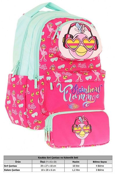 KAUKKO Toys Girl Red Green 3D Flamingo Shaped Primary School Bag and Pen Holder Set (L5235+L8235)