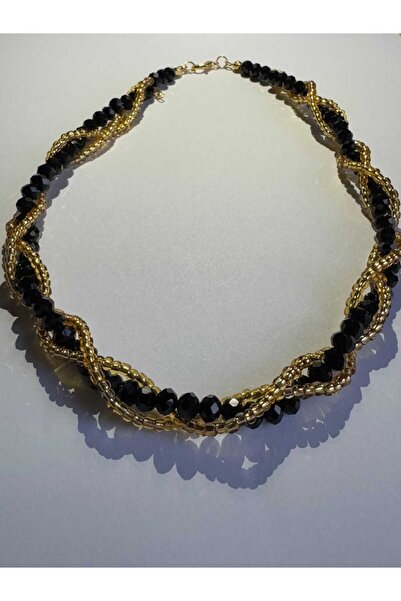 Fata Morgana Accessory 3 Katlı Siyah Kristal Boncuklu Tasarım Kolye