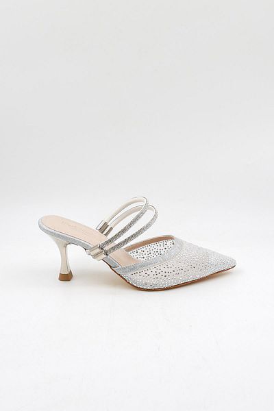 Park Moda Stoned Short Short Heeled Open Back Evening Dress Women's Slippers and Shoes Pm309 Silver
