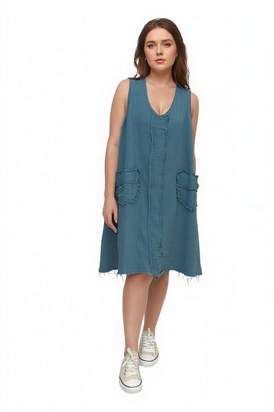 Modasultan U Neck Pocket Sleeveless Reverse Planting Midi Length Muslin Linen Dress