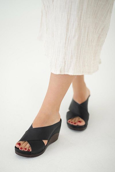 Parponi Ferny Women's Wedge Heeled Genuine Leather Slippers Black