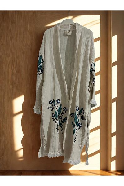 TekStilize Muslin Evil Eye Bead Patterned Three Quarter Sleeve Kimono (100% Cotton)