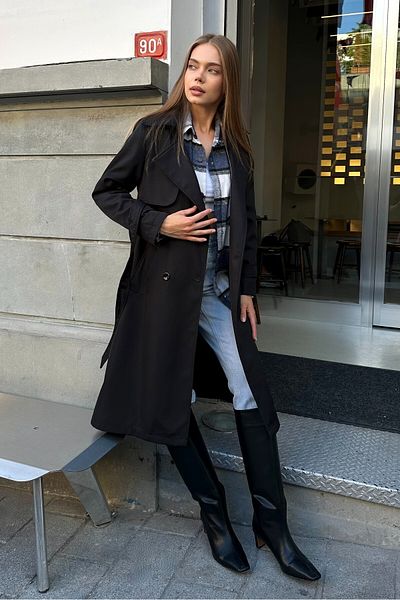 moda armanc Women's Double Breasted Collar Black Trench Coat - 5918