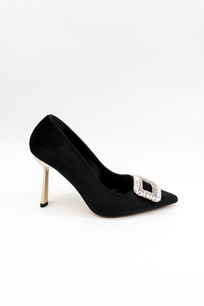 Park Moda Velvet Stone Detailed Women's Heeled Classic Shoes Pm492 Black