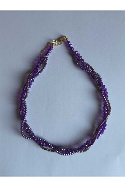 Fata Morgana Accessory 3 Katlı Mor Kristal Boncuklu Tasarım Kolye