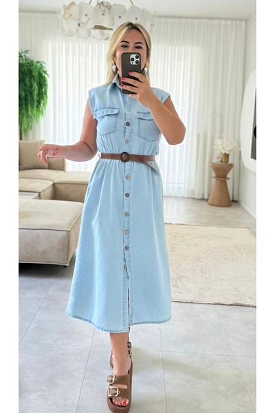 MODA Sleeveless Padded Button Midi Length Jbuz Msvisi Jean Dress