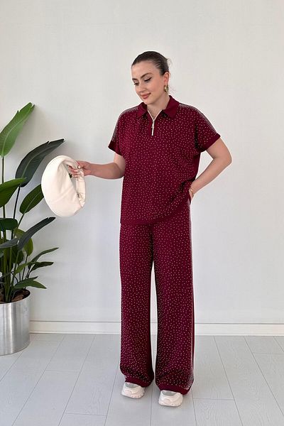 MaziButik Intense Glitter Modal Suit Claret Red