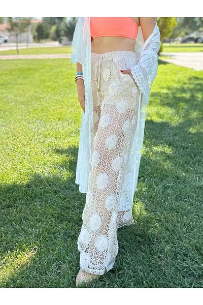 Kokoşum Butik 2894 Floral Mesh Detailed Trousers Natural
